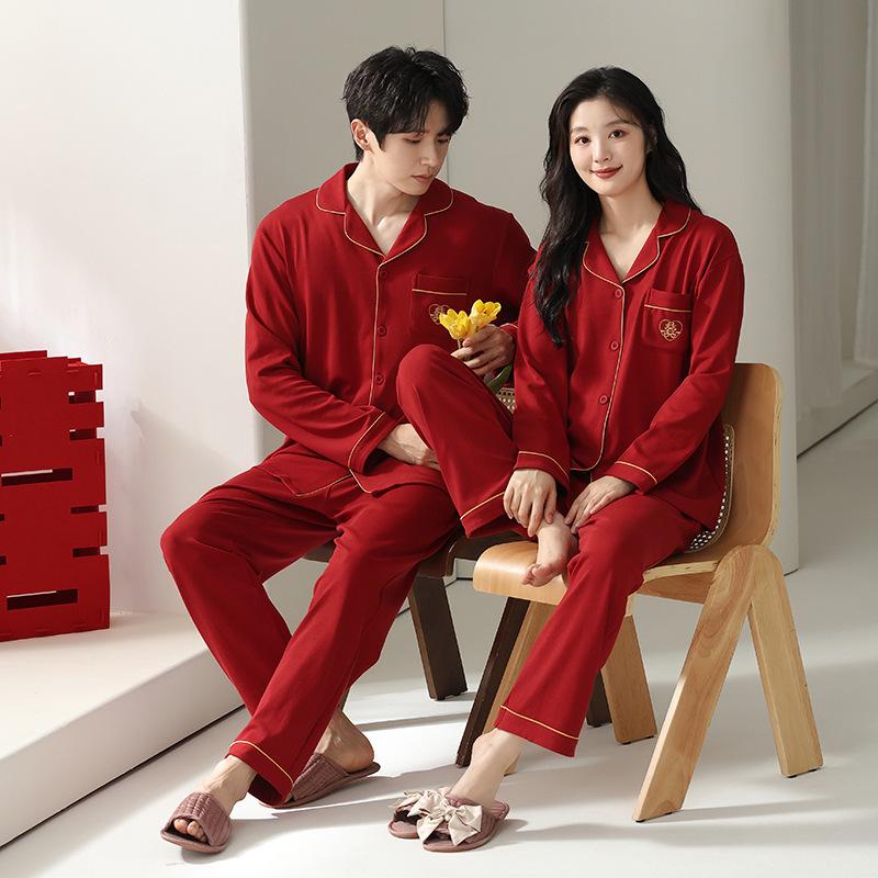 Pajamas wedding newlywed couple suit red natal spring and autumn pure cotton long-sleeved autumn couple suit men and women