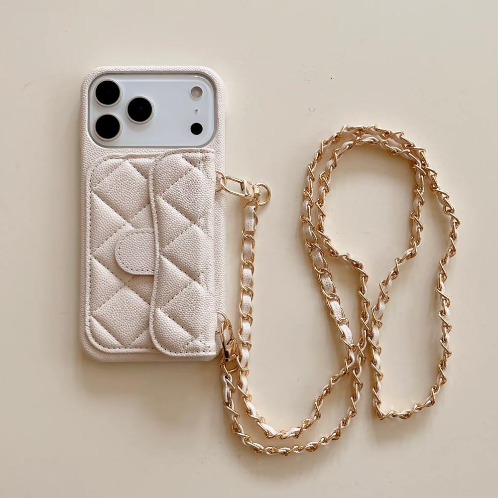 Portefeuille Bandoulière de Luxe Étui Téléphone avec Porte-Cartes Lanière en Cuir Sangle d'Épaule pour IPhone 13 14 15 16 17 Pro Max (Non ) iPhone 16 Plus blanc