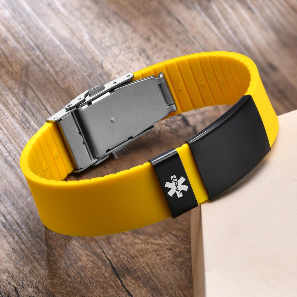 Custom Engrave Blank ID Bracelets for Women,Casual Silicone Wristband with Stainless Steel Medical Logo Tag,Length Adjustable