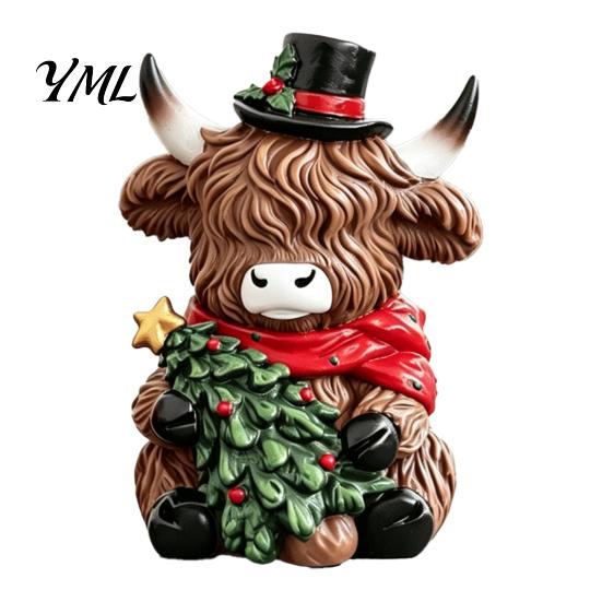 Cute Cattle Desk Ornaments Christmas Highland Cow Figurine, Resin Holiday Statue with Santa Hat & Holly Theme Decor Gift Box, Sitting Calf Desktop