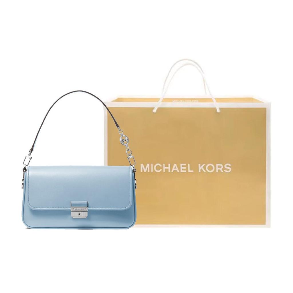 Michael Kors MK Bradshaw Solid Color Minimalist Flap Commuter Leather Shoulder Bag Women Shoulder Bag Blue 30S1S2BL1L-CHAMBRAY