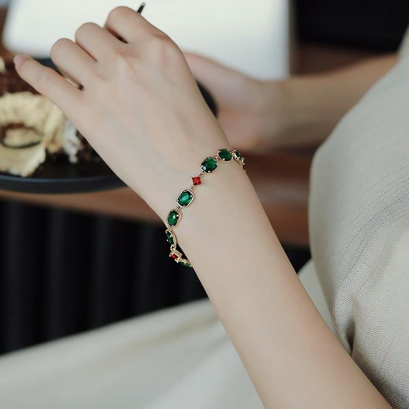 Real Gold Electroplated Diamond Emerald Bracelet Korean Retro Fashion Design Bracelet Temperament Trendy Simple Jewelry