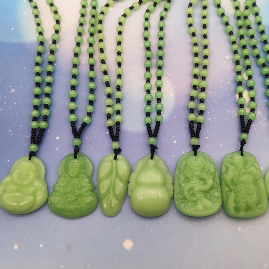Unisex Green Jade Guanyin & Guan Yu Pendant Necklace – Imitation Chalcedony Buddha & Dragon Sweater Chain