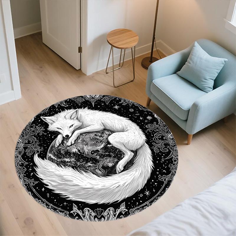 Black and White Fox,Round Area Rug,Carpet Rug for Living Room Bedroom Sofa Playroom Decor,Non-slip Floor Mat