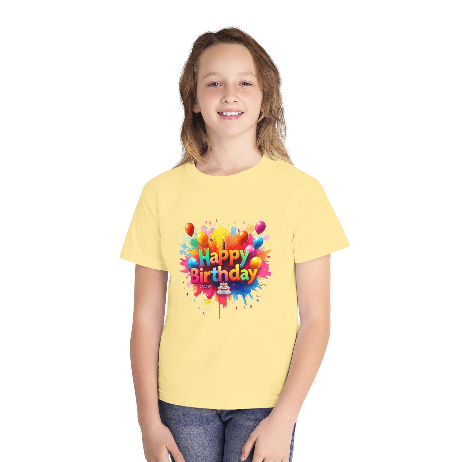 Happy Birthday Color Splash Youth Tee | Balloons Cake Celebration 130