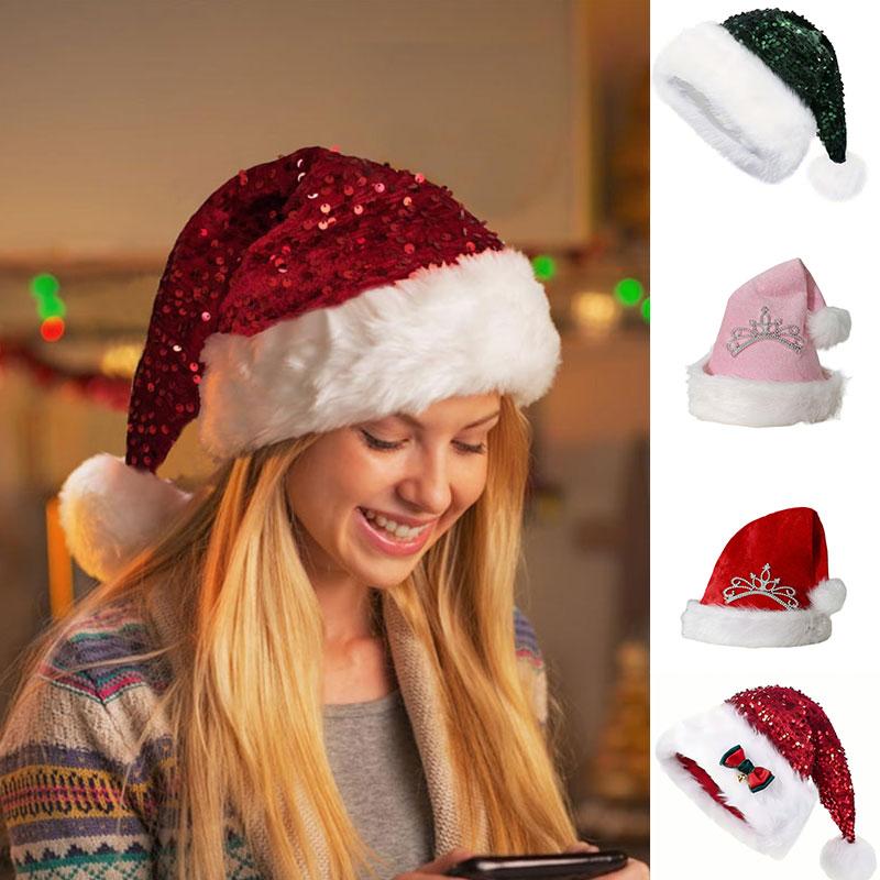 1pc Sequin Kids with Long Fluffy Solid Color Glitter For Adult Santa Claus Hat