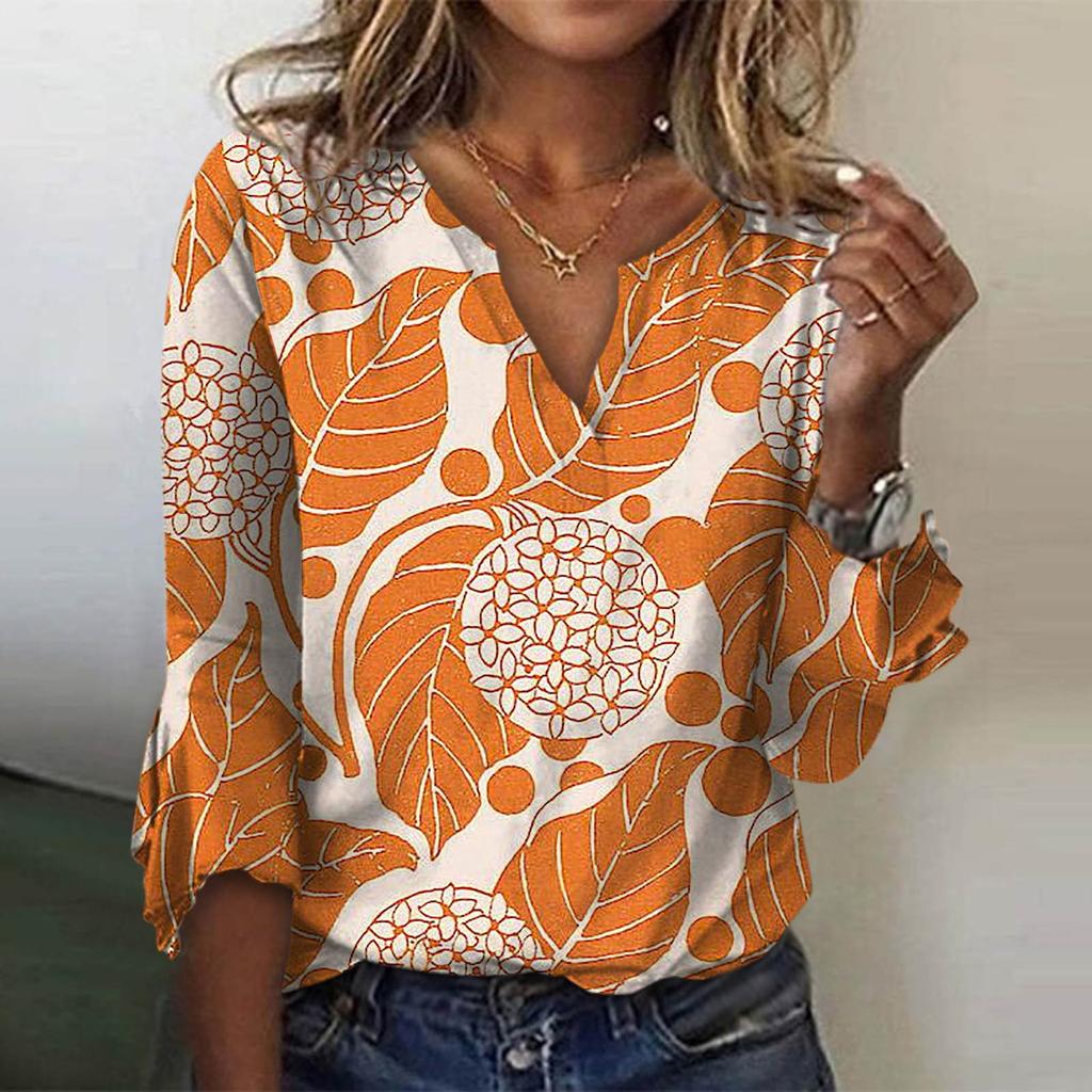 Women's Loose Casual Three-quarter Sleeves V-neck Lace Floral Print T-shirt Top