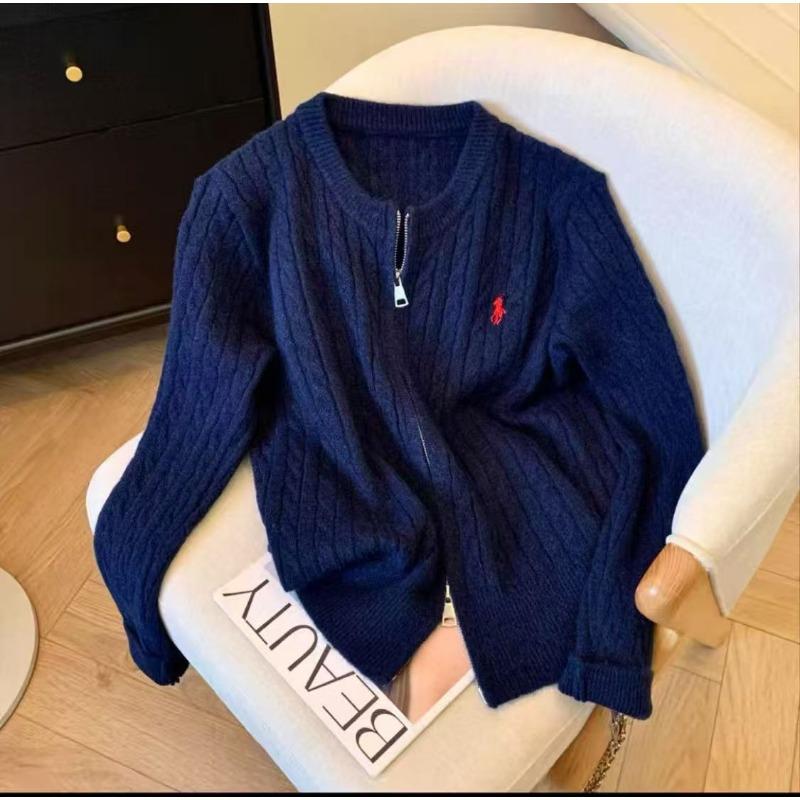 Autumn and winter new double zipper twist embroidered knitted cardigan women's round neck long sleeve age-reducing sweater jacket versatile top
