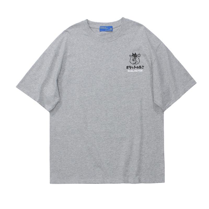Summer Japanese Retro Pocket Cat Cartoon Printed Short Sleeve T-shirt Male Female Couples Unisex College Style Oversized Top