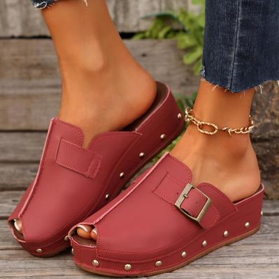 Women's Fish-mouth Slippers with Thick Soled Buckle Rivets Woman Platform Sandals Wedges Heeled Shoes Sandalias Footwear