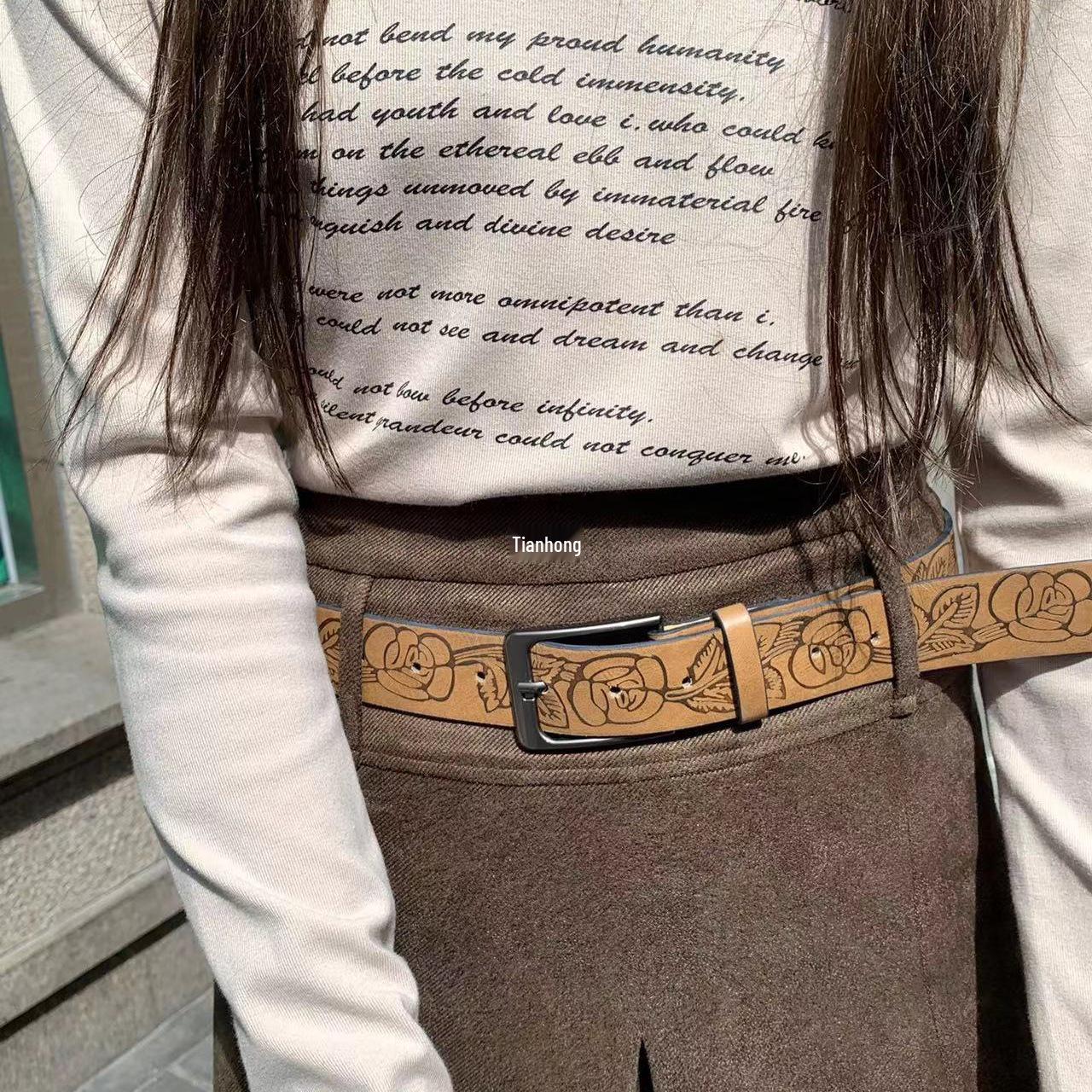 

Women s Brown Embossed Leather Belt with Pin Buckle - European & American Retro Floral Design for Versatile Fashion and Trendy Style. Camel Brown Small Flower