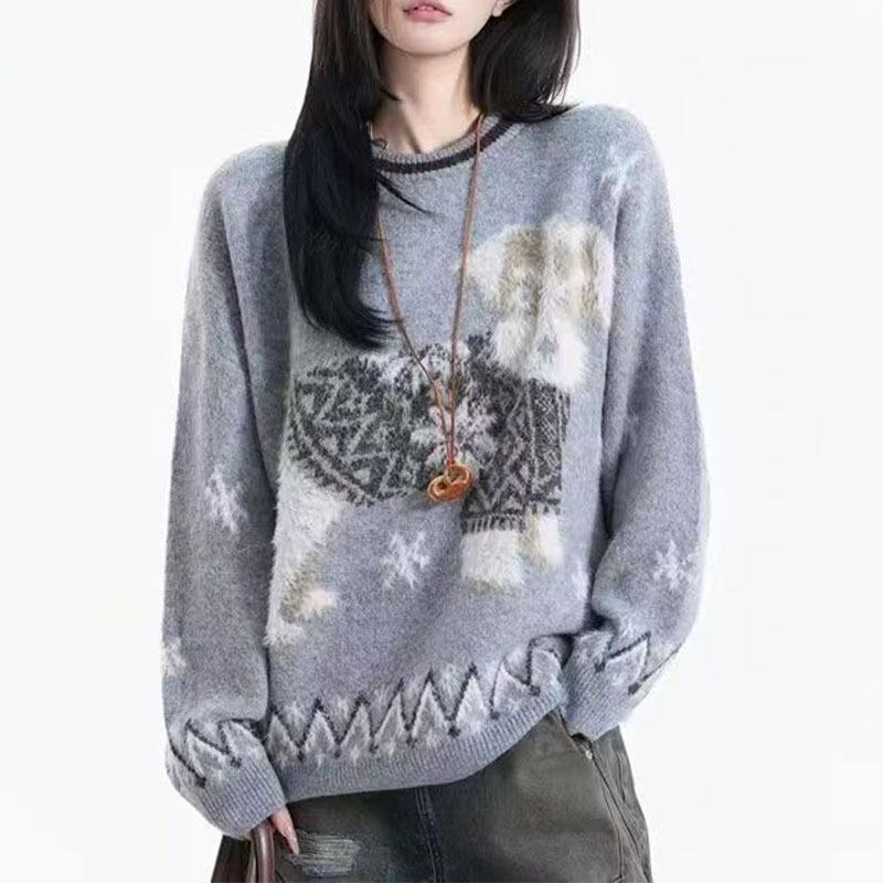 Unisex Retro Cartoon Embroidered Thick Fair Isle Sweater for 2026 - Puppy Mink Jacquard Design