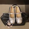 French Silver Flat Ballet Single Shoes Women 2025 New Temperament Bow Fairy Wind Word Belt Mary Jane Shoes