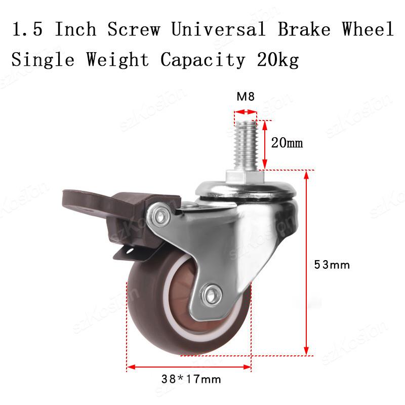 1 Pcs 1.1 Inch Universal Stem Caster Wheels TPR Screw Lever Castors Swivel Stem Wheels with M8 Thread Rods for Carts Furniture