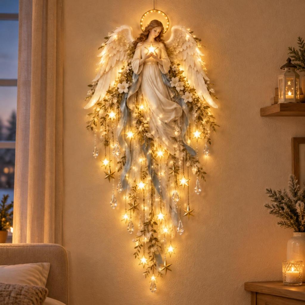 Acrylic Holiday Angel Wall Art with Pendant Accents Layered Floral Hanging