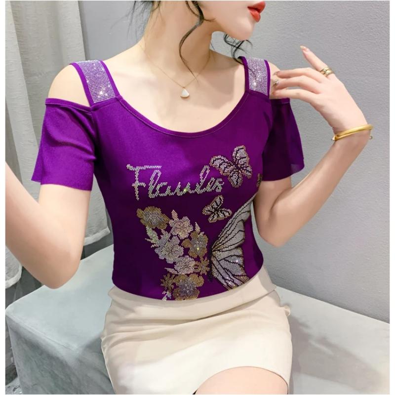 Fashion Women’s Mesh Bling Butterfly T-Shirt Clothes Sexy Off Shoulder Luxury Hot Diamonds Tops Summer Short Sleeve Female Tees Blouse