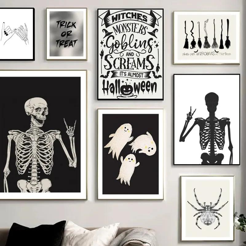 Nordic Simple Wall Art Halloween Skull Witch, HD Canvas Print Poster, Home Living Room Bedroom Decorative Painting
