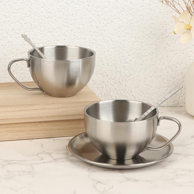 Stainless Steel Coffee Cup Mug Saucer Spoon Heat Resistant Milk Cup Saucer Spoon Kitchen Drink Water Cup Tableware