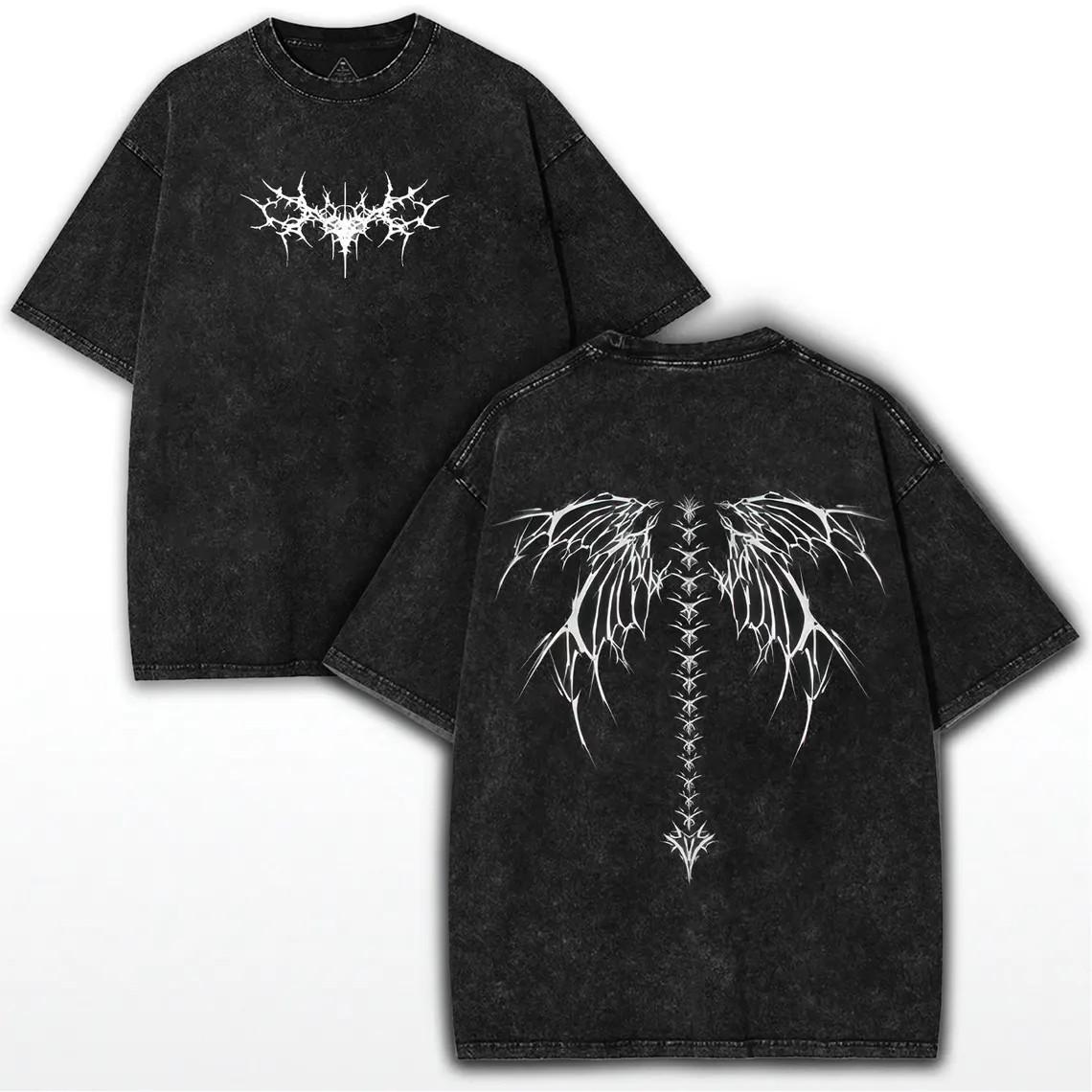 YK Gothic Angel Wings TShirt Vintage Washed Cotton Retro Grunge Graphic Tee Streetwear Unisex Harajuku Top S