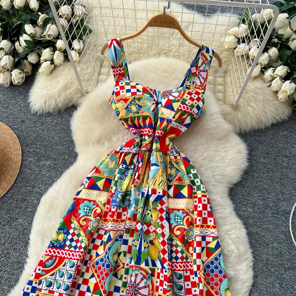 Summer Women Vintage Baroque Print Designer Runway Dress Spaghetti Strap Long Midi Party Dresses