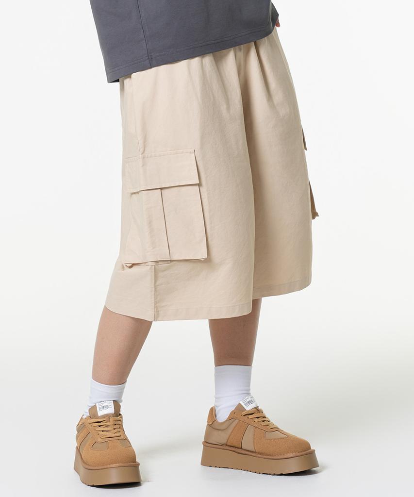 MOZMOZ Linen-Like Cargo Bermuda Wide Pants Beige