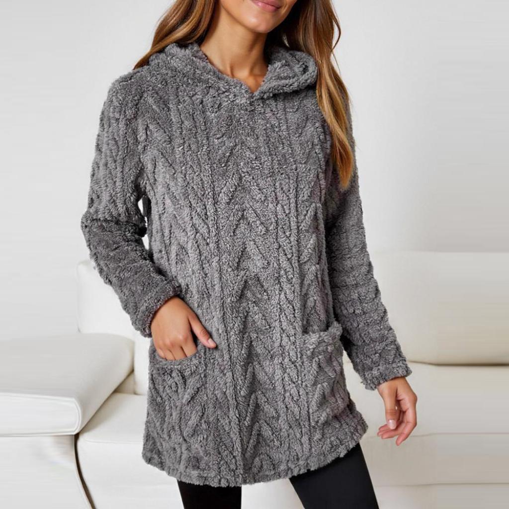 Women's Fashion Casual Solid Color Hooded Sweatshirt With Loose Fit And Fleece Pockets