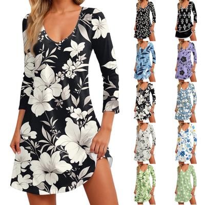 Women's Fashionable Casual V-Neck Floral Print Pocket Seven Quarter Sleeve Dress