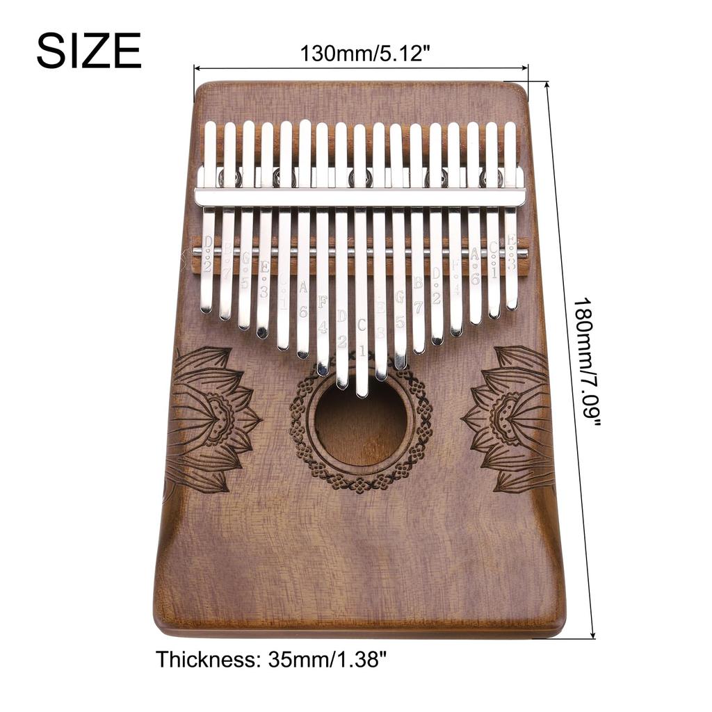 uxcell 17-Key Thumb Piano, Deep Brown Mini Portable Finger Piano, Solid Koa Wood with Floral Pattern, Handrail, Tuning Hammer, and Music Learning