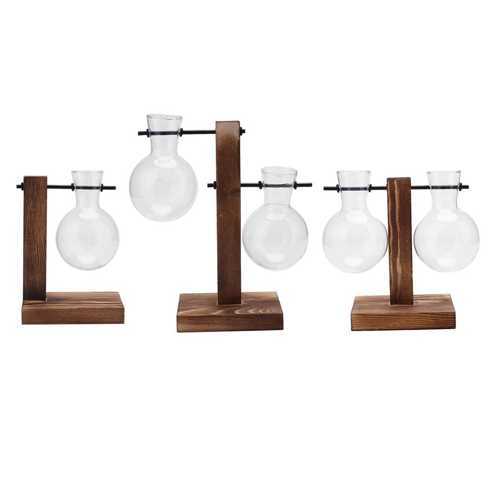 Plant Terrarium with Wooden Stand Hydroponic Planter Bulb Glass Bonsai Flower Pot for Indoor Office Desk Decor Accessories