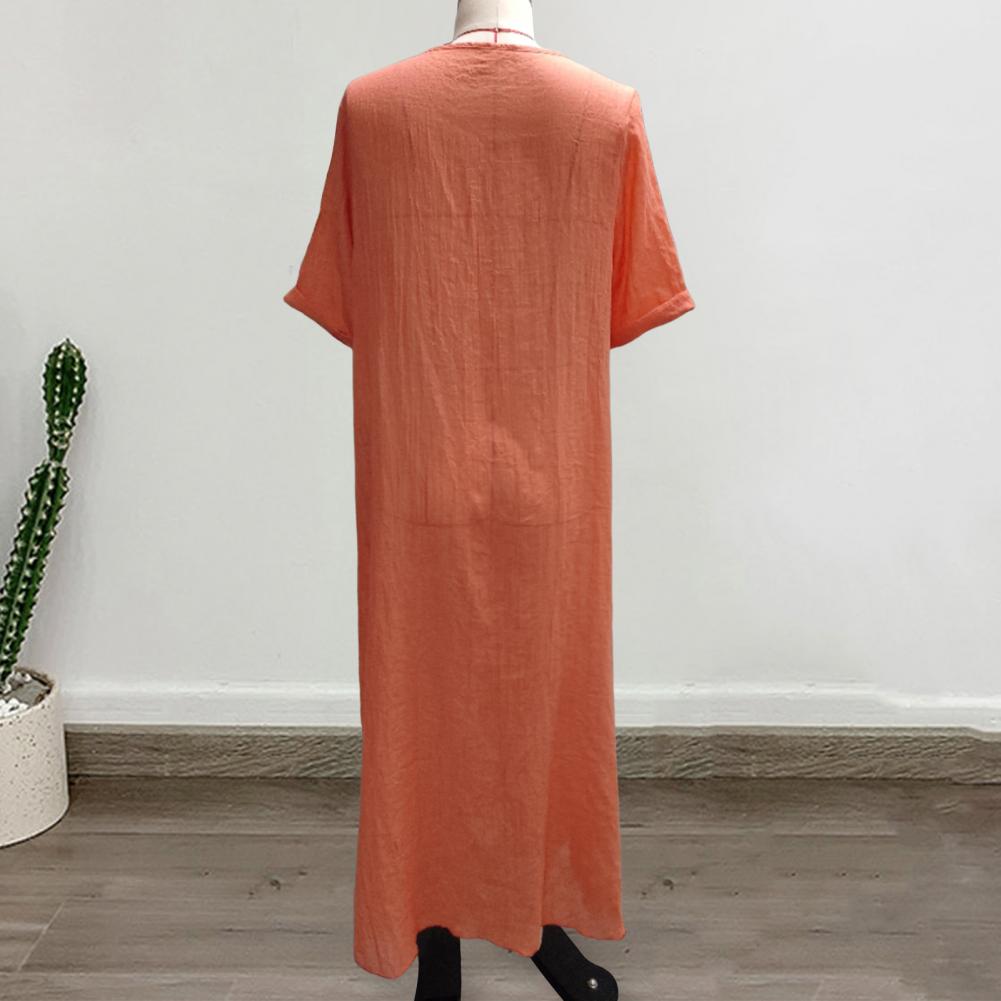 Bohemian Style Cotton Linen Loose Dress Women's V-neck Dress Vintage Straight Beach Dress Soft Breathable Long Dresses