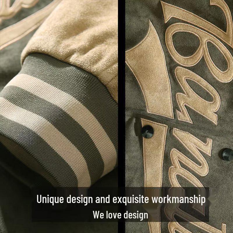 Men's Retro Suede Embroidered Baseball Jacket - Autumn/Winter Trend