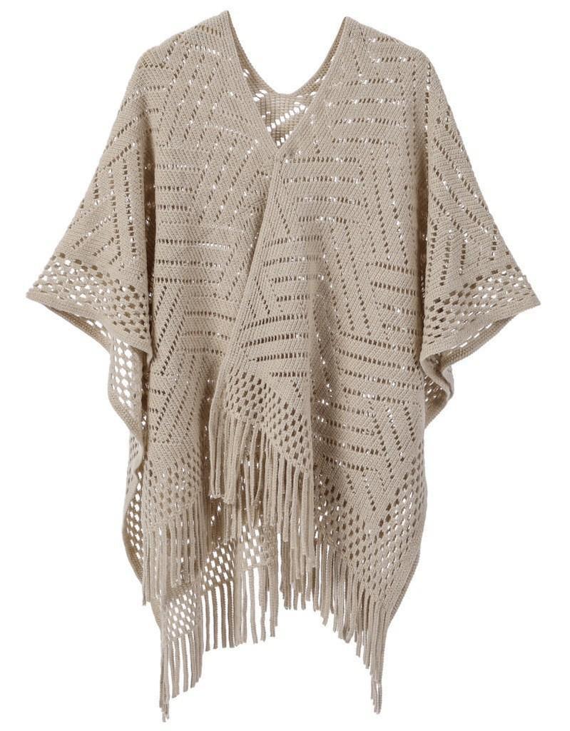 Hot-Selling Knit Shawl: Spring Summer Autumn, Hollow Design, Tassel Trim, Solid Color, Lightweight for European & American Styles.