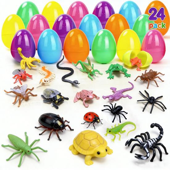24Pcs Prefilled Easter Eggs Party Favors Eggs with Insect And Frog Toys Inside Easter Basket Stuffers for Egg Hunt Kids Toddler Gifts