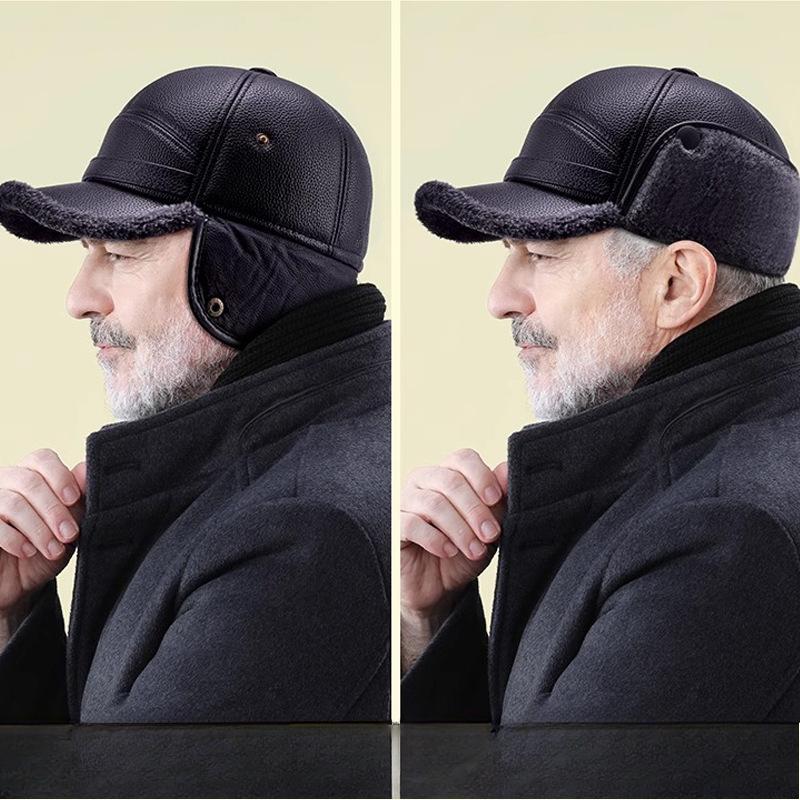 Men's New Winter Hat with Velvet Warm Daddy Leather Hat Middle Aged and Elderly People Windproof Ear Protection Baseball Cap