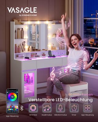 Vanity Table with LED Mirror and RGB Lighting, Power Outlets, Glass Top, Storage Cabinets, 107 X 40 X 144.5 Cm, White, Bedroom