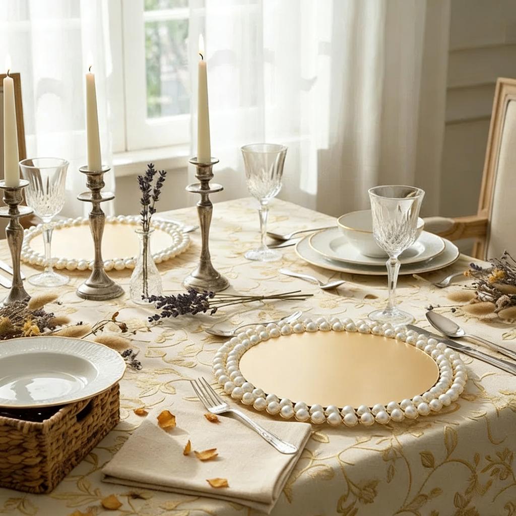 Round Pearl Beaded Dinner Plate Golden Metal Edge Storage Tray Used for Wedding Party Cake Dessert Decoration Storage Tray