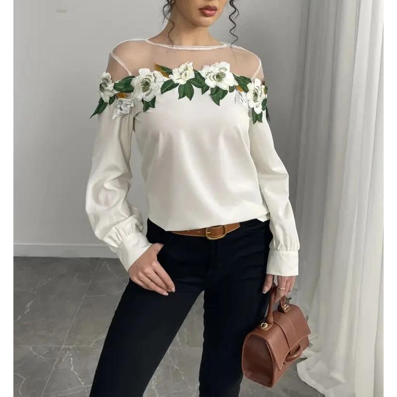 Spring New Shirt Women's Heavy Industry Mesh Splicing Satin Embroidered Top