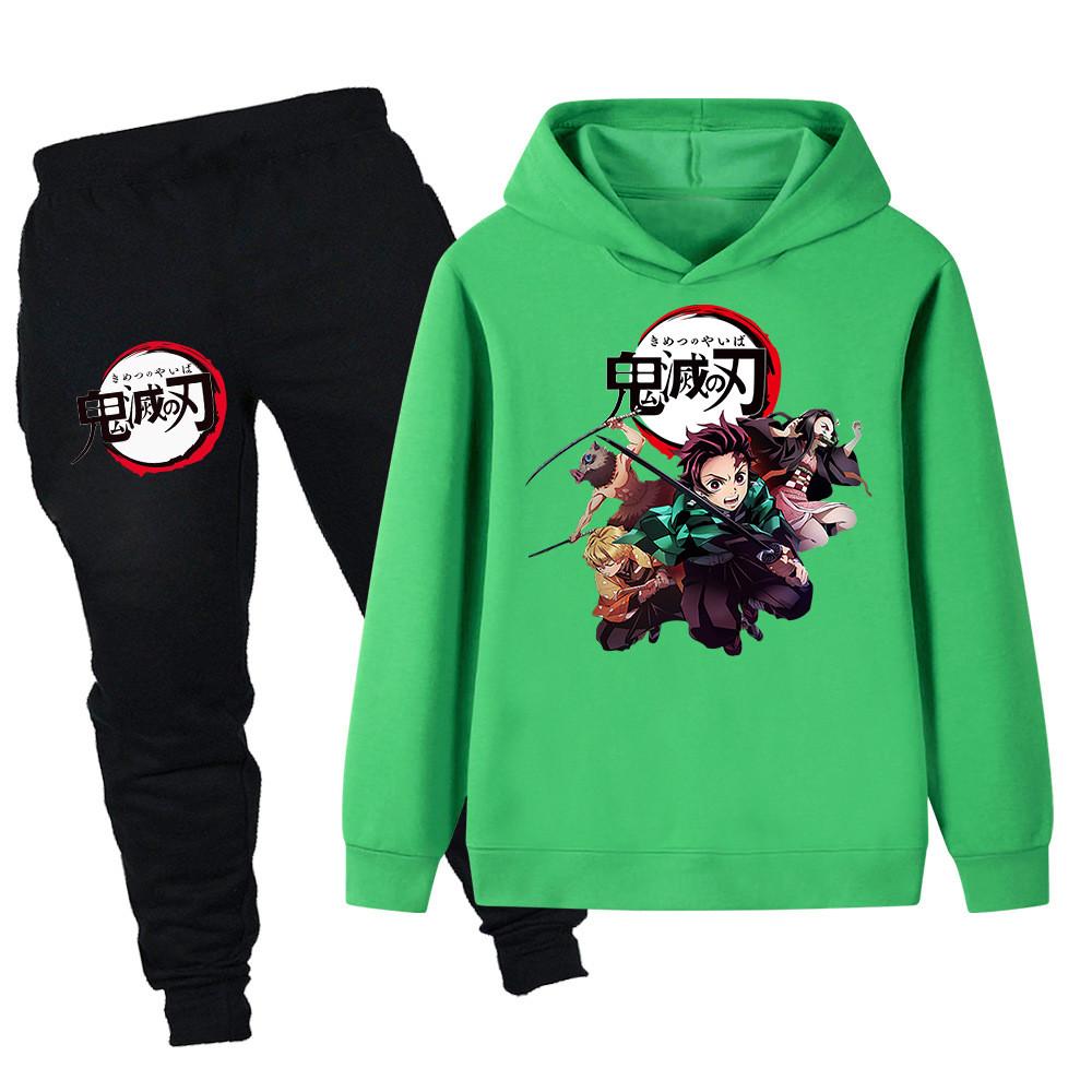 PB095 Kids Boys Girls Kimetsu No Yaiba Print Long Sleeves Hoodie Pants Trousers Clothes Sets