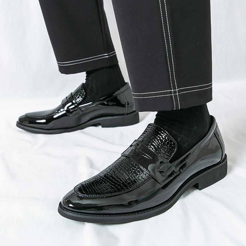 Men Black Loafers Leather Shoes Formal Business Flats Slip on Shoes Wedding Dress Prom Shoes Mosaic Contrast Over Sized