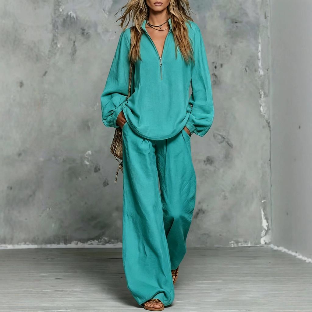 1116 popular women's clothing casual lapel half zipper lantern sleeve texture cotton and linen two-piece set