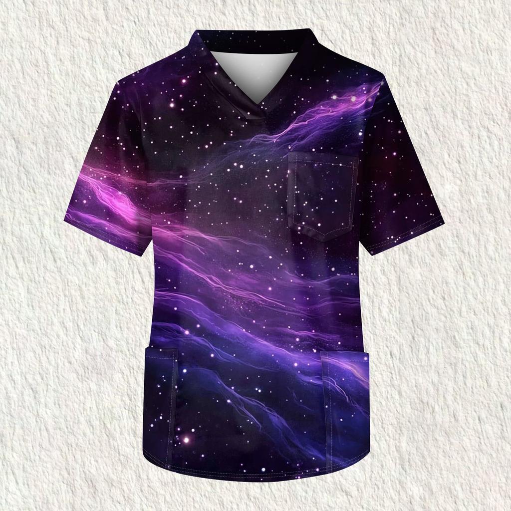 Men's Printing Short Sleeve V-neck Working Blouse Chest Pocket Carer Top