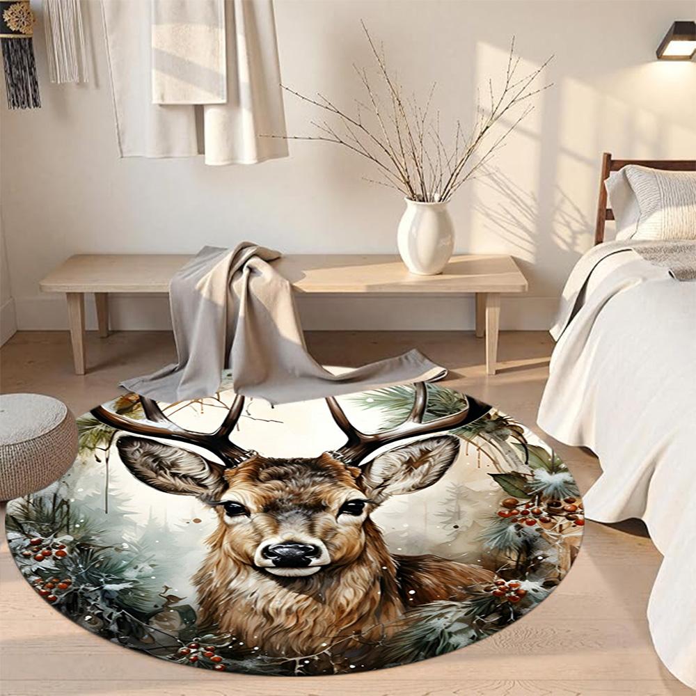 Elk Round Floor Mat Design for Dining Room Entryway Bedrooms Game Room Anti-slip Round Rug Decorate Offices Perfect Gift for Friends Family