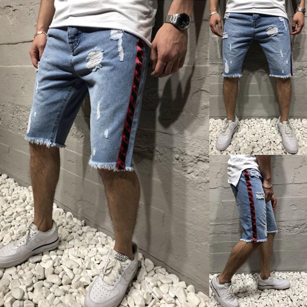 Summer Casual Loose Vintage Fashion Broken Hole Denim Beach Short Pants Trunks Mens Shorts Jeans Features Foot Mouth