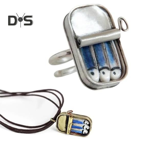 Canned Sardines Ring Adjustable Circumference Sardine Can Necklace Pendant Vintage Jewelry Hand-Painted Tin Ring