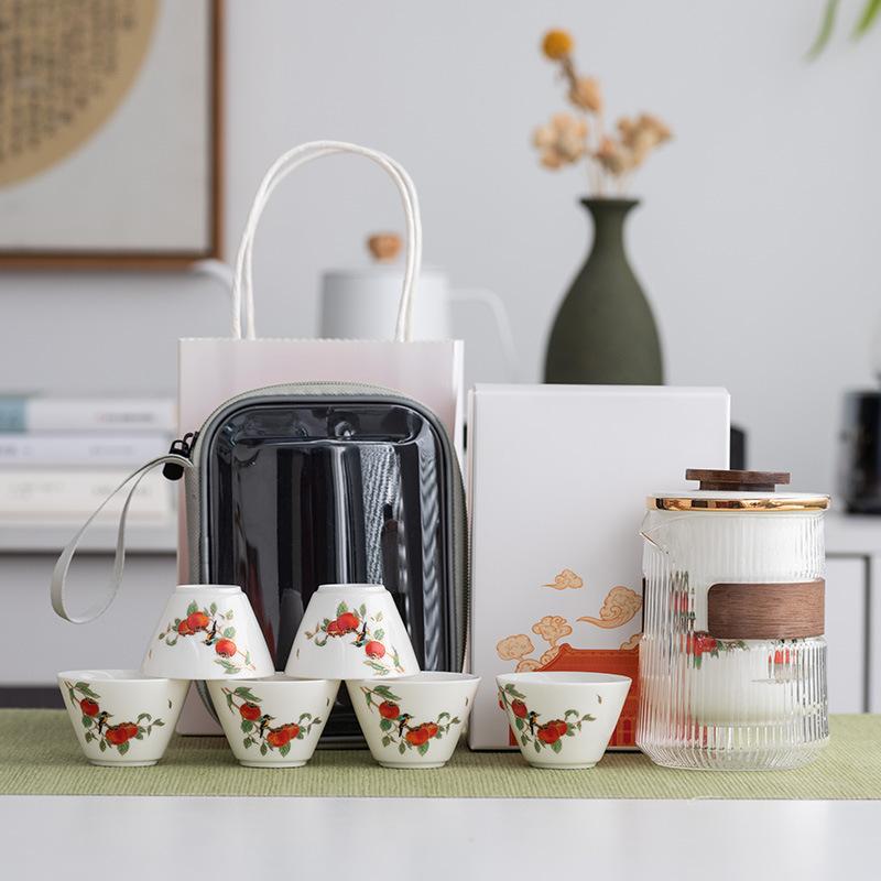 Persimmon Ruyi Suet Jade Kung Fu Travel Tea Set Outdoor Portable Set Gift Box Business Gifts