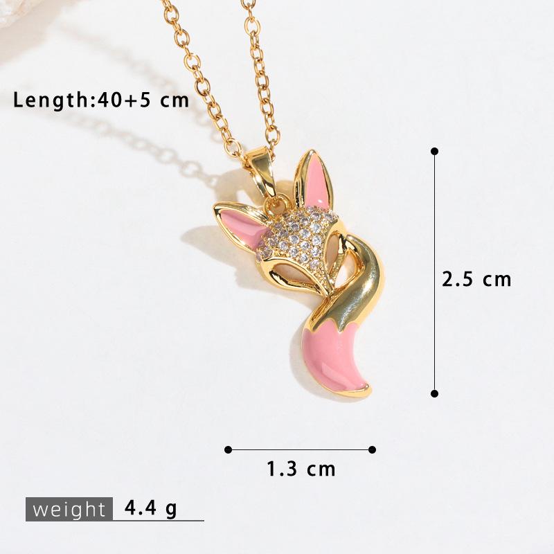 Creative Cute Fox Pendant Necklace with Zircon and Drip Glaze on a Copper Chain