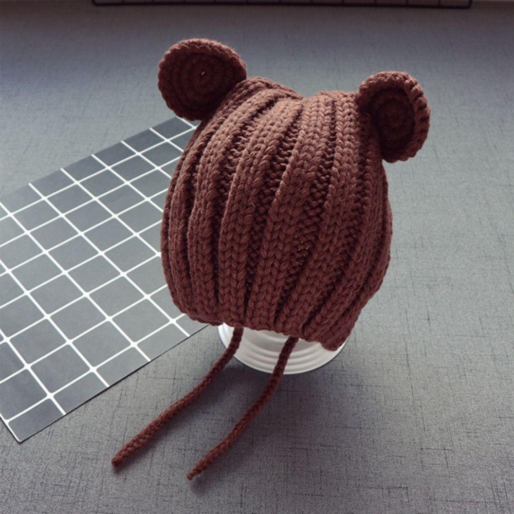 Strikk Toddler Bonnet Cap Søt Bear Ear Beanie Ny Tie Rope Hat