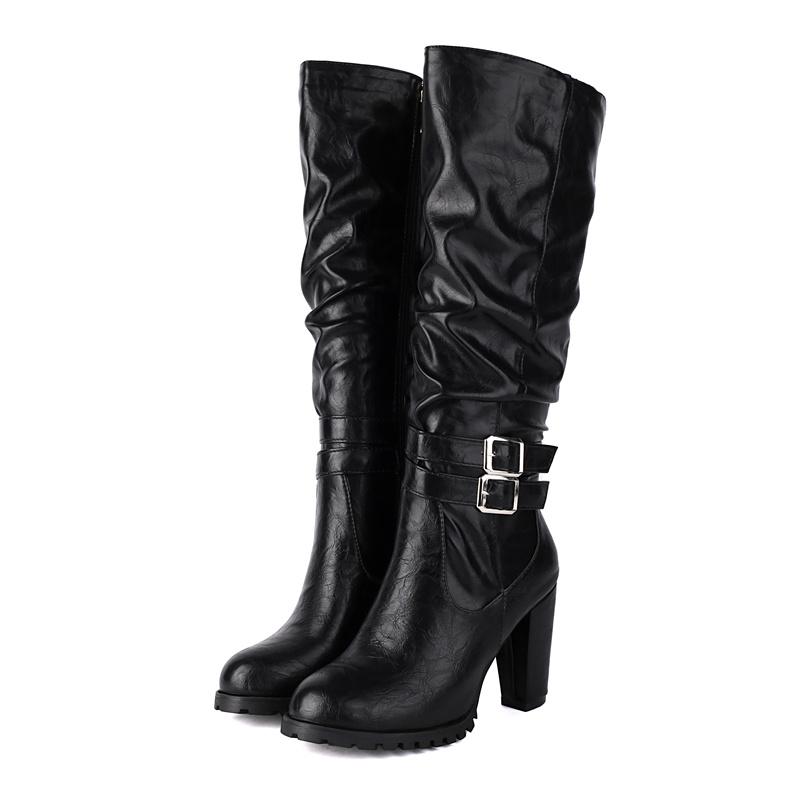 

Зимние плюшевые ботинки до колена с ремнем-пряжкой, женские ботинки на массивном каблуке, для платья, вечеринки, женские, коричневые, плиссированные, из микрофибры, на молнии, длинные ботинки 46