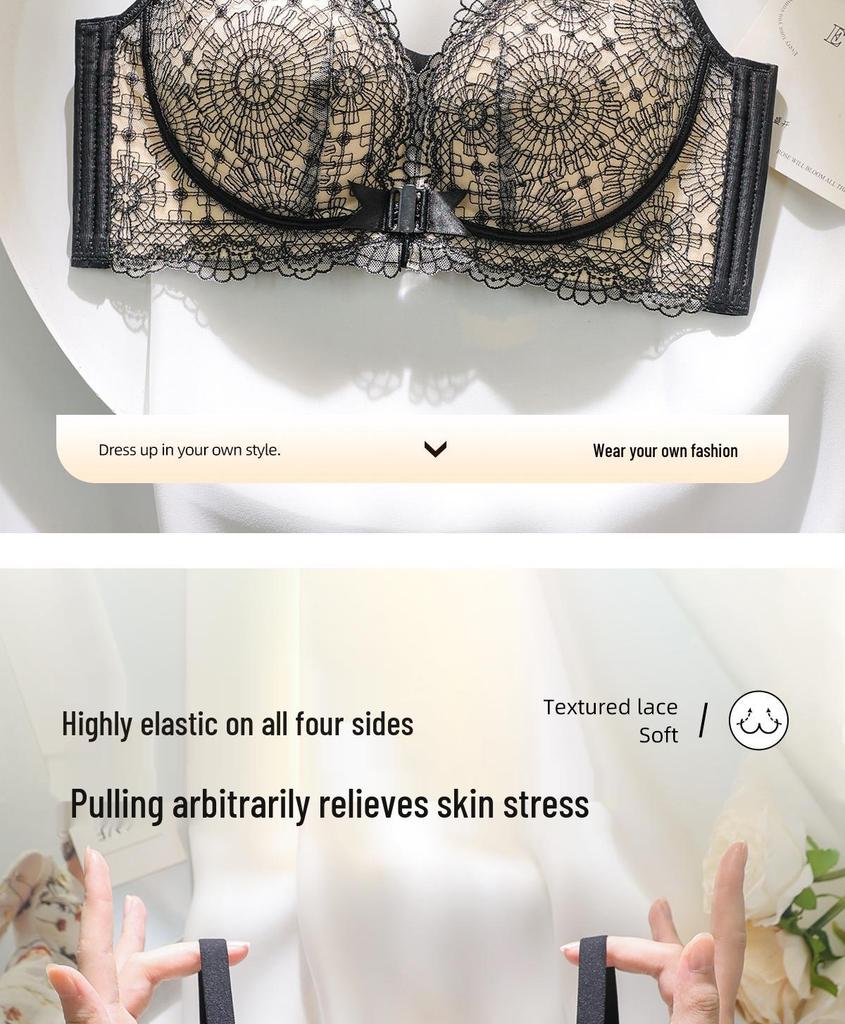 Chinese Style Embroidered Push-Up Bra for Small Busts – Lift & Adjust Front Closure, Anti-Sagging, Seamless, Side-Fat Gather
