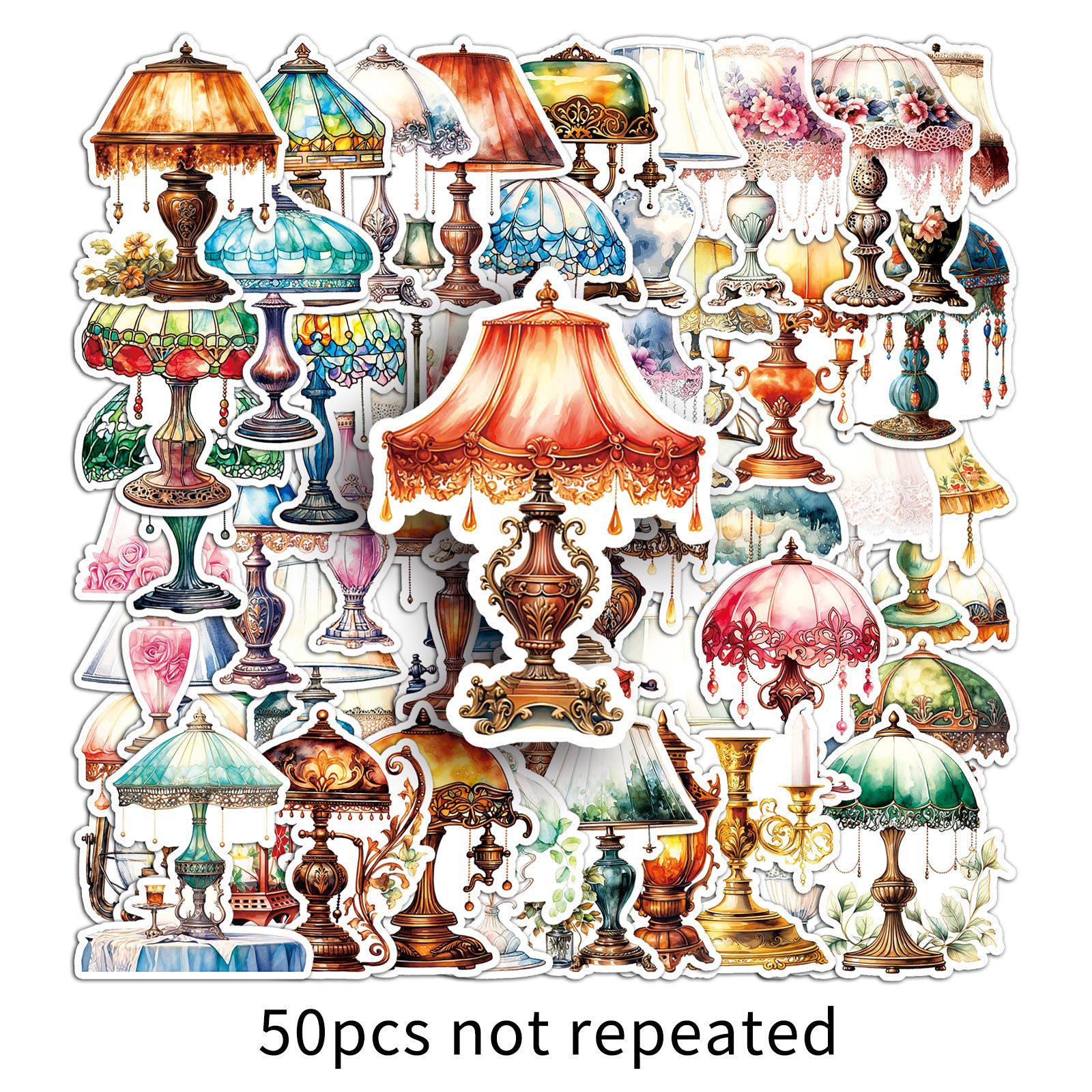 50pcs Retro Cartoon Desk Lamp Stickers - Creative DIY Waterproof Wall & Journal Decoration